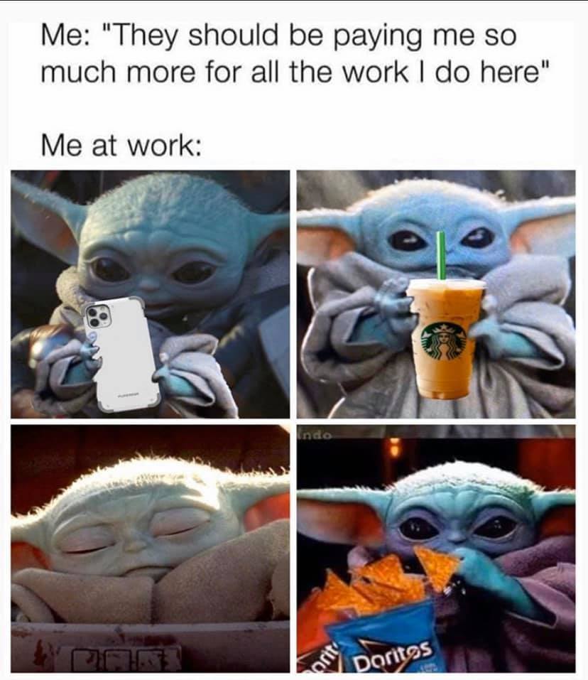 The meme is a humorous illustration of a character from the Star Wars franchise, Baby Yoda, enjoying a cup of coffee and a bag of chips at work. The text at the top of the image reads "I'm not lazy, I'm just on energy-saving mode" and at the bottom, "In 2-3 sentences: The meme pokes fun at the common office worker stereotype of needing a caffeine boost to get through the day. Baby Yoda is depicted as the ultimate office slacker, relying on coffee and snacks to get through the workday."